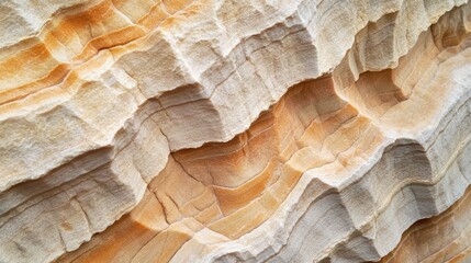 Close up of natural sandstone surface with wavy patterns and layered textures in warm beige and orange tones