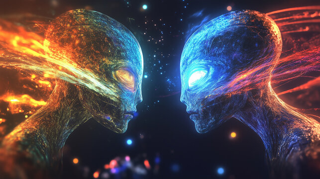 Two alien beings communicating through vibrant telepathic light trails.