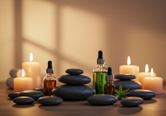 Luxury spa scene with aromatic candles, smooth stones, and herbal oils