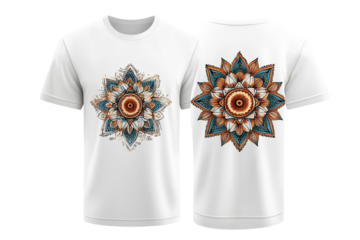 Unique artistic t-shirt featuring intricate mandala design in vibrant colors