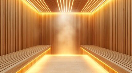 Spacious steam room with polished wooden walls and benches, gentle steam rising from slats, creating a tranquil retreat, spa relaxation aesthetic