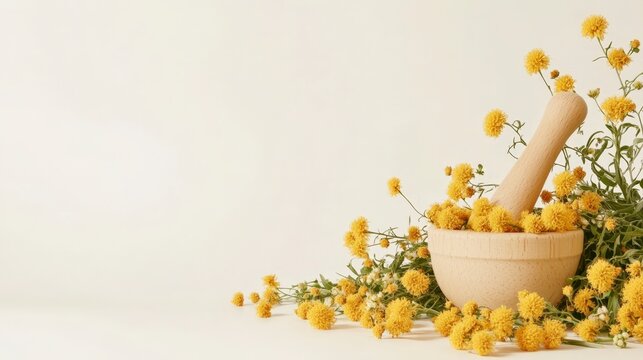A beige mortar and pestle surrounded by bright yellow flowers
