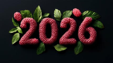 The image displays the number 2026 created with raspberries and