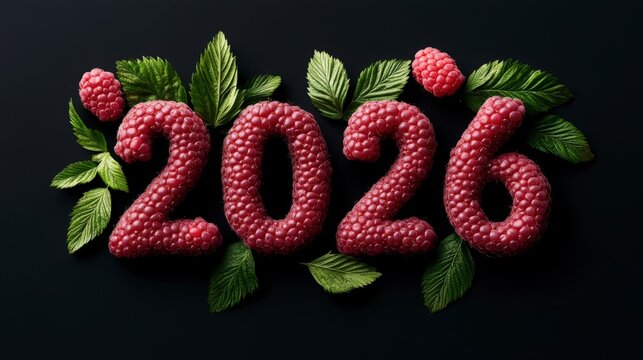 The image displays the number 2026 created with raspberries and