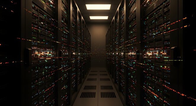 A server filled glowing lights, representing the pulse of a digital network