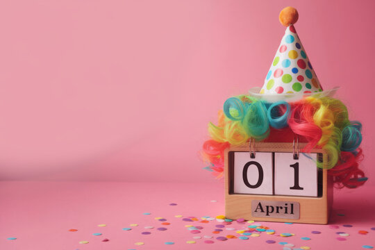 April 1st. Image of april 1 wooden calendar and festive decor on the blue background. April Fool's Day
