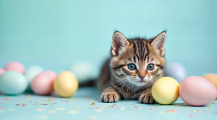 Curious Kitten with Pastel Easter Eggs in Spring Scene