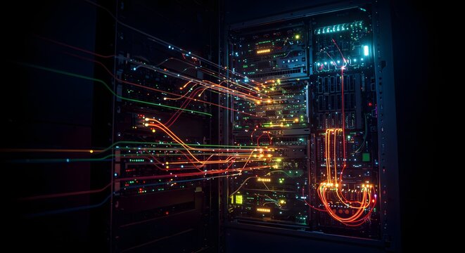 A server filled glowing lights, representing the pulse of a digital network