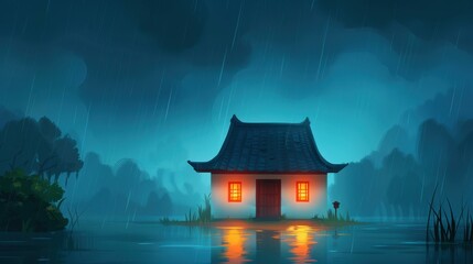Obraz premium A fierce storm leads to heavy rain and severe flooding, submerging homes and impacting communities in a harsh way.