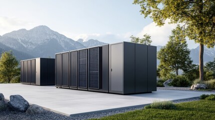 Obraz premium Modern Solar Energy Storage Units in Scenic Mountain Landscape with Pine Trees and Clear Blue Sky