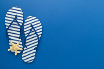 Striped blue flip-flops on color background, top view
