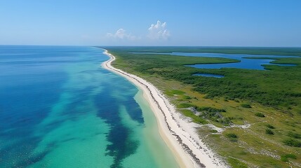 Tropical beach coast with clear water & wetlands