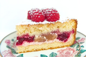 Delicious Raspberry Cake Slice with Powdered Sugar on Floral Plate