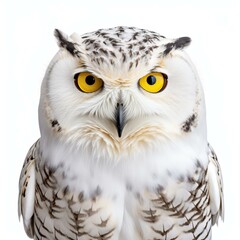 Obraz premium A captivating snowy owl with vivid eyes rests against a clean white backdrop, showcasing its delicate features in pastel tones.