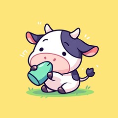 Fototapeta premium Cute Cow Drinking Milk on Grass
