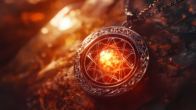 Ancient magic glowing crystal pendant necklace radiating allure. Esoteric - Symbols. Illustration