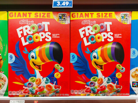 Los Angeles, California &ndash; March 1, 2025: Kellogg's FROOT LOOPS Cereals on a shelf in a supermarket. Froot Loops is a brand of Kellanova, an American multinational food manufacturing 