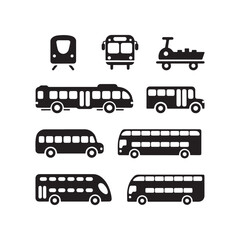 Vector Illustration of Various Transportation Icons.This vector graphic displays silhouettes of various transportation vehicles, including a train, buses (different styles like double-decker, and stan