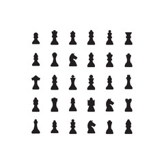 Complete Set of Black Chess Pieces.A graphic display of all standard chess pieces in black silhouette.