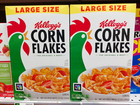 Los Angeles, California &ndash; March 1, 2025: Kellogg's Corn Flakes on a shelf in a supermarket 
