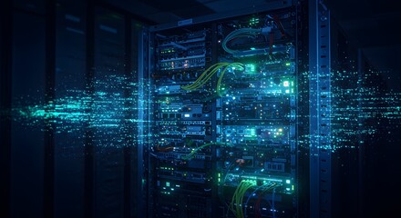 A server filled glowing lights, representing the pulse of a digital network