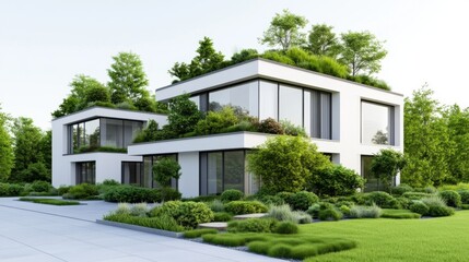 Modern architectural design featuring eco-friendly house surrounded by lush greenery and landscaped garden area