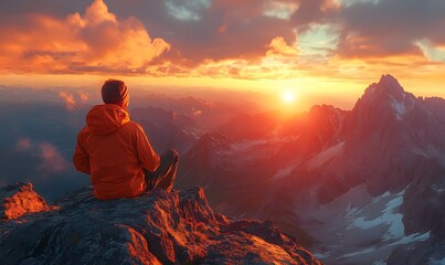 Obraz premium Man Sits on Mountain Peak Watching a Stunning Sunrise Over Mountain Range
