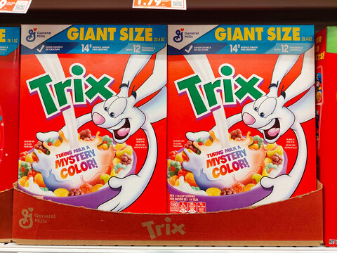 Los Angeles, California &ndash; March 1, 2025: TRIX Cereals on a shelf in a supermarket. TRIX is a brand of General Mills