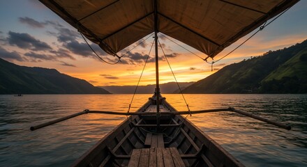 Sunset Sailboat Lake View, Mountain Landscape