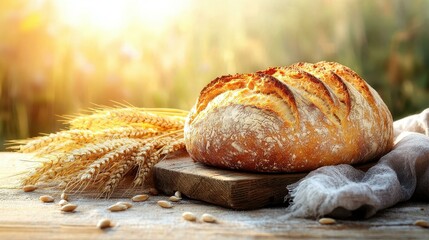 Experience the charm of rustic baked bread, perfectly golden and fresh, set against a sunlit nature backdrop.
