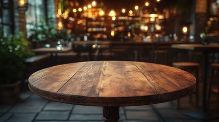 A rustic wooden round table stands ready in a cozy pub, bathed in warm ambient lights, perfect for drinks and chats.