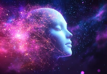 A white, glowing head with digital connections in the background and a purple, pink, and blue galaxy space sky Generative AI