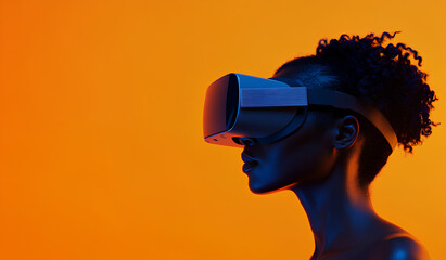 Powerful Woman in VR Headset on Orange Background