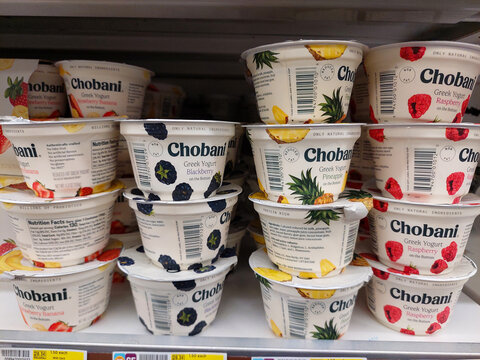 Los Angeles, California &ndash; March 1, 2025: Chobani Greek Yogurt on sale in a supermarket refrigerator shelf