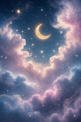 Fototapeta premium Vibrant colorful pink and purple clouds with crescent moon, starry background wallpaper