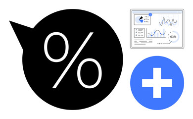Percentage icon paired with analytics dashboard and medical cross, symbolizing growth, progress, and healthcare. Ideal for finance, analytics, medical progress, success, calculation innovation flat