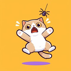 Scared Cat, Spider, Yellow Background