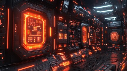 Obraz premium Sci-Fi Corridor with Neon Panels