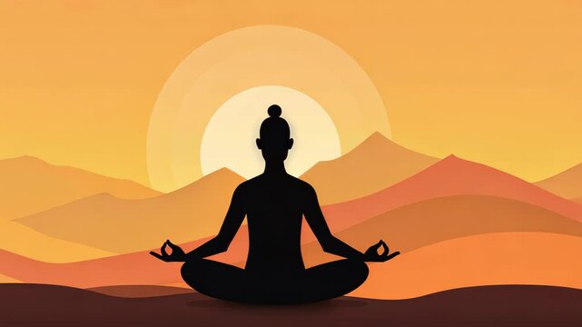 Tranquil image of a bearded man meditating in lotus yoga pose during sunset in a golden field.