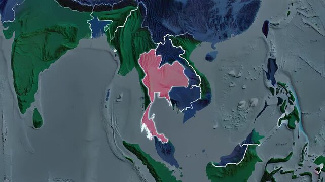 Globe Map Zooming In On Thailand and Outlining Thailand's Borders Clip