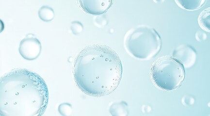 lowing hyaluronic acid bubbles inside a structured skin cell, floating in a blue-toned, soft light background with a high-resolution, delicate texture