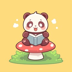 Panda Reading on Mushroom