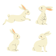 Set of cute rabbits in different poses. Minimalist and soft pastel illustration, perfect for Easter, spring designs, greeting cards, decorations, and children's projects.