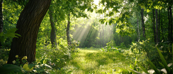 Obraz premium serene forest scene with sunlight filtering through lush green leaves, creating peaceful atmosphere