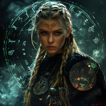 The valkyries who are warriors of Odin are surrounded by a magical aura that is created by runes.