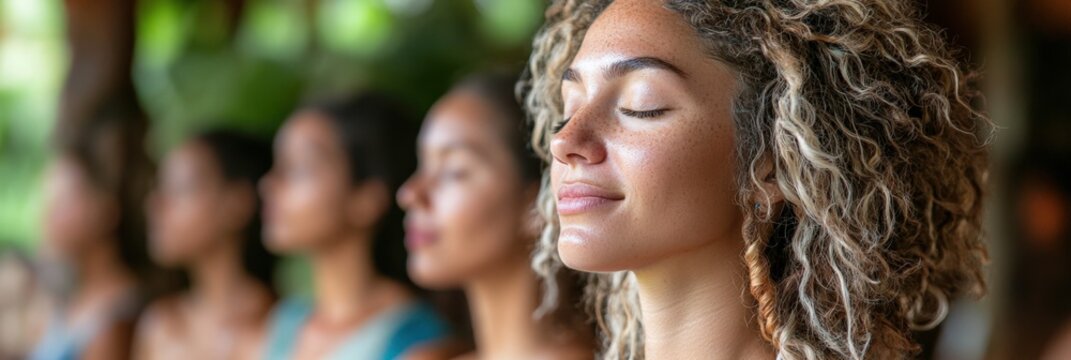 Group of Diverse Women Engaging in Mindfulness Practice in a Serene Natural Setting, Emphasizing Relaxation and Inner Peace