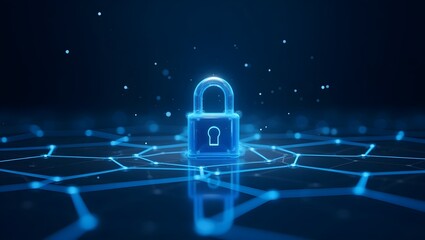 Glowing digital padlock, cybersecurity concept, blue neon network connections, dark background, futuristic, technology protection, data encryption visualization