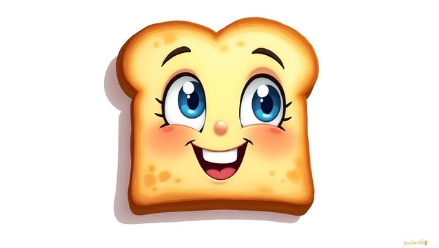 A digital illustration of a cartoon bread slice with a smiling face. The bread has a light brown color with a crispy texture, and it has two large blue eyes, a small orange nose, and a wide, happy smi