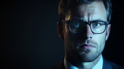 Obraz premium Serious Businessman Portrait Dramatic Lighting Studio Shot Professional Man Intense Gaze Spectacles Corporate Executive Powerful Image Strong Look 