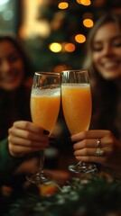 Two friends toasting with mimosas in a cozy caf&eacute;, festive lights twinkling in the background